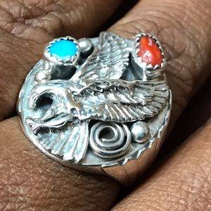 Sterling Silver Claudine Haloo Native American Turquoise Coral Ring Size 9